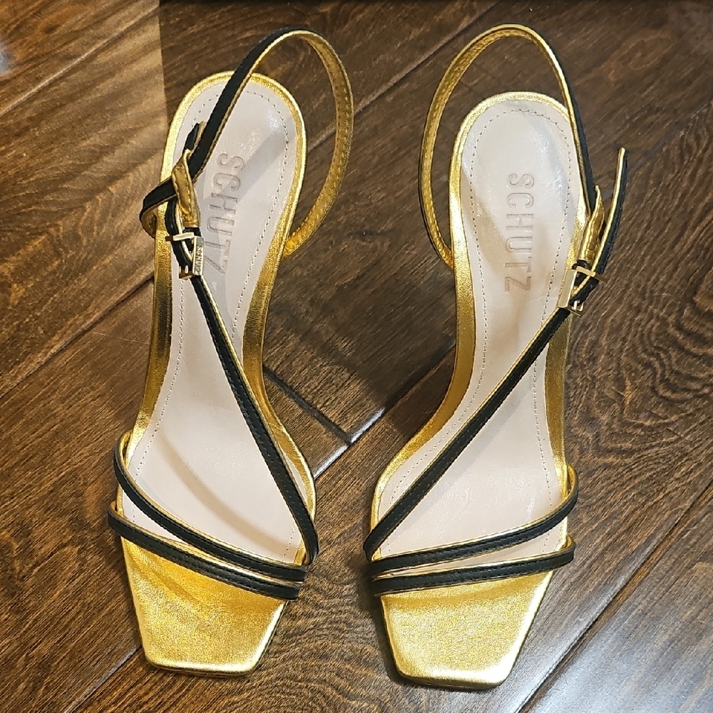 SCHUTZ Gold and Black Strappy Heels